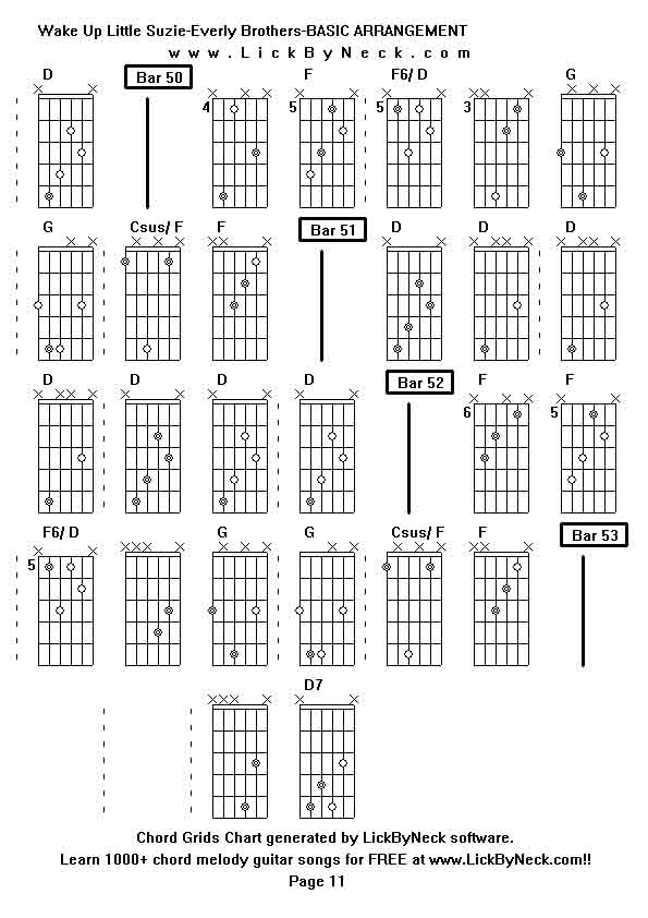 Chord Grids Chart of chord melody fingerstyle guitar song-Wake Up Little Suzie-Everly Brothers-BASIC ARRANGEMENT,generated by LickByNeck software.